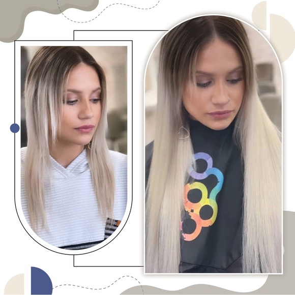 HUMAN HAIR 16” Remy Tape in Extensions Balayage Dark Brown-Platinum Blonde Ombre - Picture 3 of 7